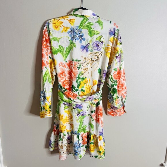 Zara Size Large Satin Floral Ruffle Balloon Sleeve Mini Shirt Dress - Picture 7 of 8